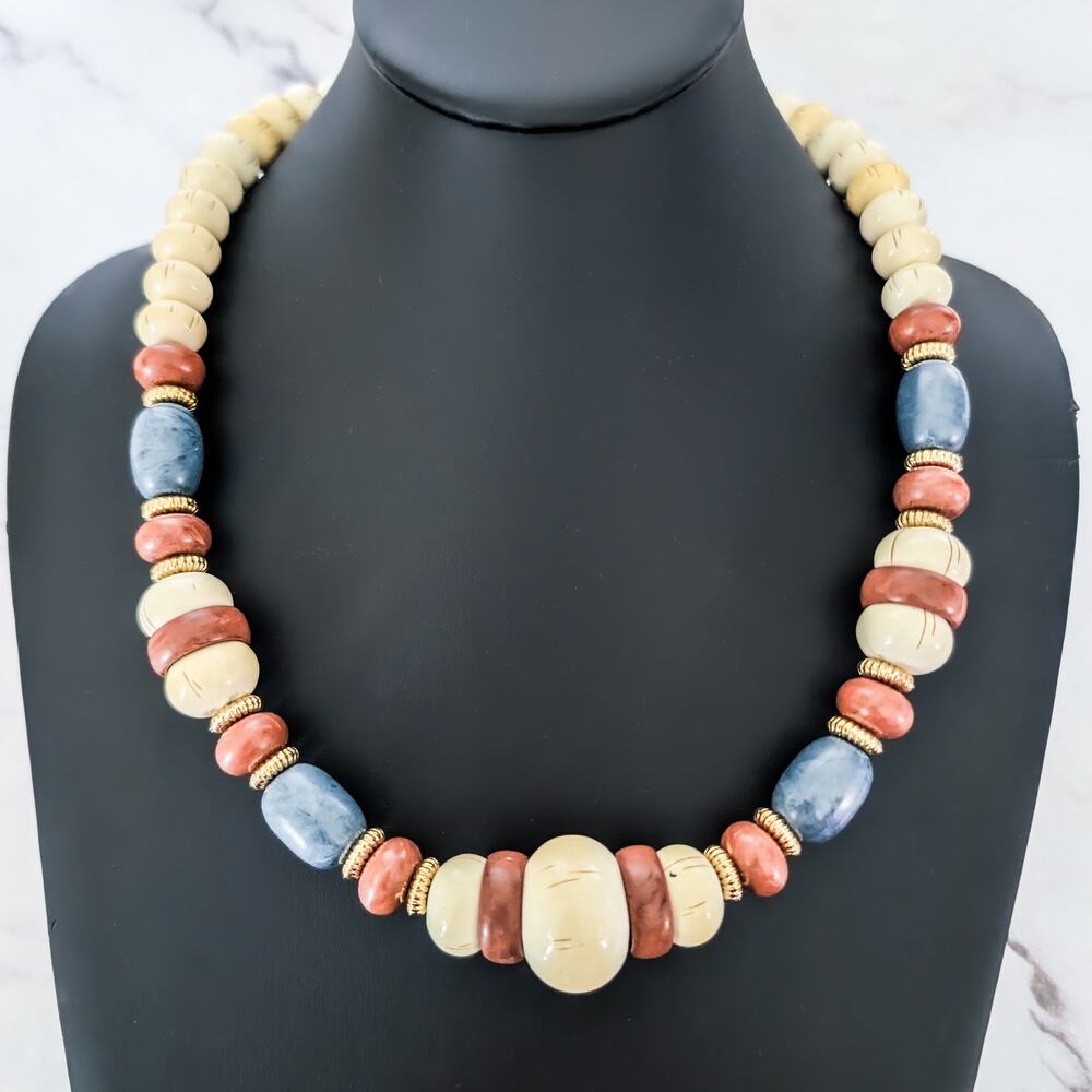 Vintage Necklace 1980's Cream Brown Blu Gold Tone Chunky Statement Necklace
